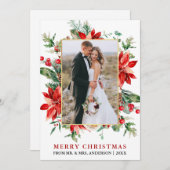 水彩ポインセティアスクリスマス新婚金ゴールド シーズンカード (正面/裏面)