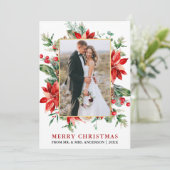 水彩ポインセティアス新婚クリスマス金ゴールド シーズンカード (スタンド正面)
