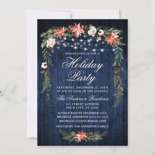 水彩ポインセティアブルーウッドライトホリデイ 招待状 (正面)