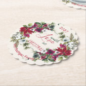 水彩ポインセティア、柊、松のクリスマスパーティー ペーパーコースター (アングル)