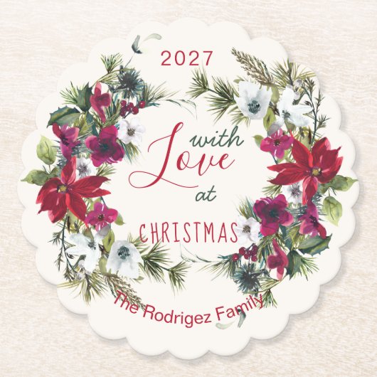 水彩ポインセティア、柊、松のクリスマスパーティー ペーパーコースター (正面)