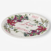 水彩ポインセティア、柊、松のクリスマスパーティー ペーパープレート (アングル)