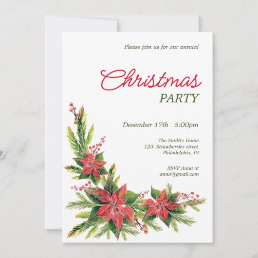 水彩ポインセティシアクリスマスパーティの招待状 招待状 (正面)