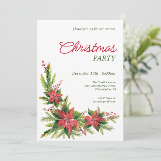 水彩ポインセティシアクリスマスパーティの招待状 招待状 (スタンド正面)