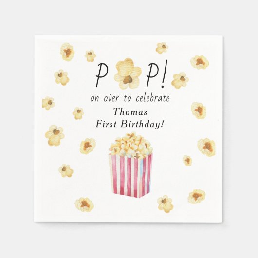 水彩ポップコーン子供の誕生日パーティー スタンダードカクテルナプキン (正面)