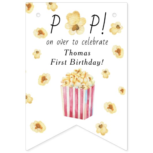 水彩ポップコーン子供の誕生日パーティー バンティングフラッグ (第1の旗)