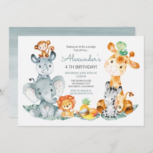 水彩ポップサファリジャングル動物誕生日 招待状 (正面/裏面)