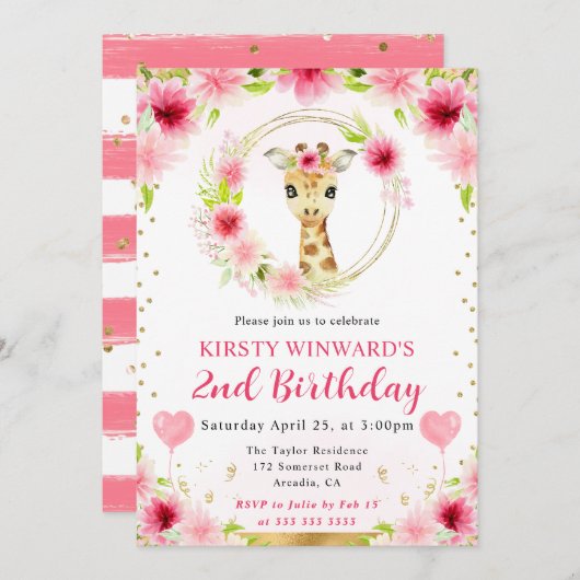 水彩ポップジャングルキリン誕生日子供 招待状 (正面/裏面)