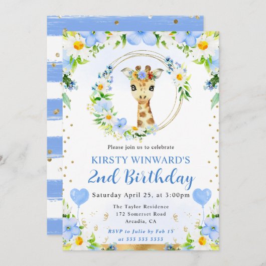 水彩ポップジャングルキリン誕生日 招待状 (正面/裏面)