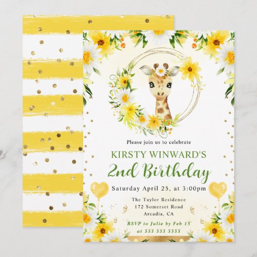 水彩ポップジャングルキリン誕生日 招待状 (正面/裏面)