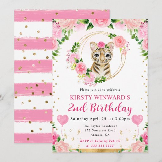 水彩ポップジャングルタイガー子供誕生日 招待状 (正面/裏面)