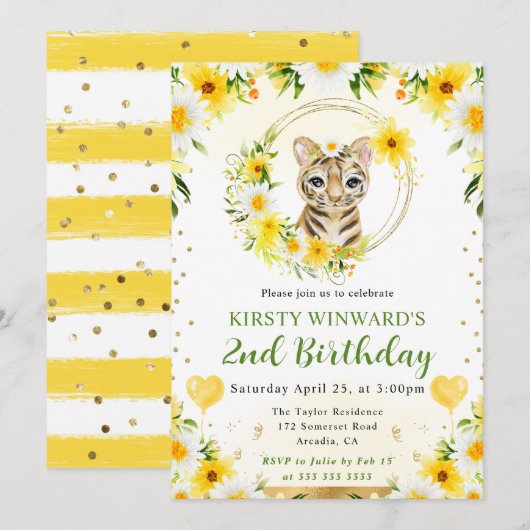 水彩ポップジャングルタイガー子供誕生日 招待状 (正面/裏面)