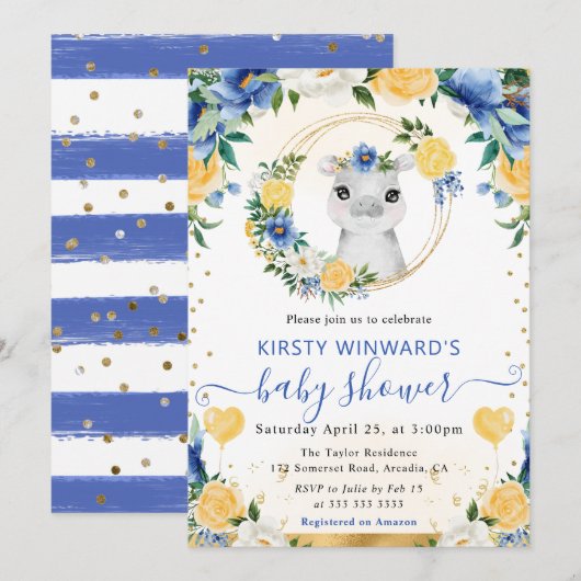 水彩ポップジャングルヒポベビーシャワー 招待状 (正面/裏面)