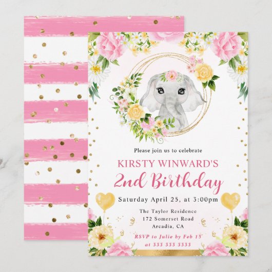 水彩ポップジャングル象の子供の誕生日 招待状 (正面/裏面)