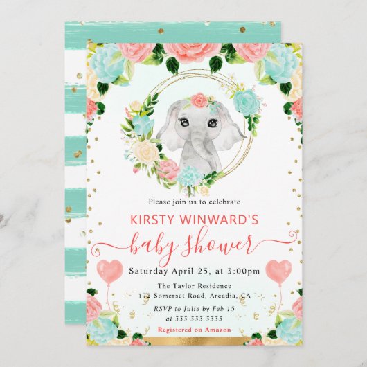 水彩ポップジャングル象ベイビーシャワー 招待状 (正面/裏面)