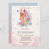 水彩ポニーの花の誕生日 招待状 (正面/裏面)