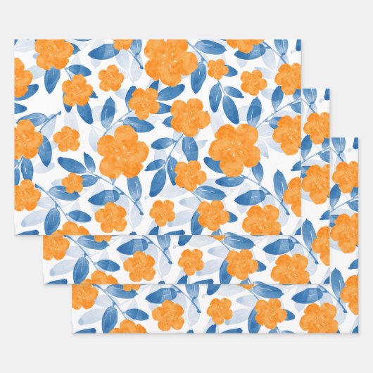 水彩ポピーと葉パターン ラッピングペーパーシート (セット)