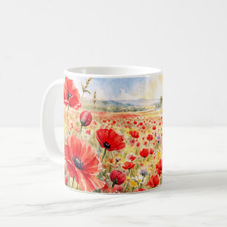 水彩ポピーの花畑 - ポピー コーヒーマグカップ
