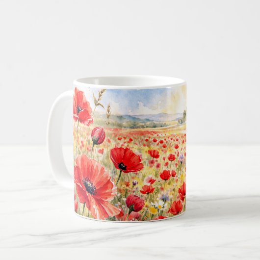 水彩ポピーの花畑 - ポピー コーヒーマグカップ (正面左)