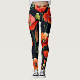 水彩ポピーをブラックに レギンス