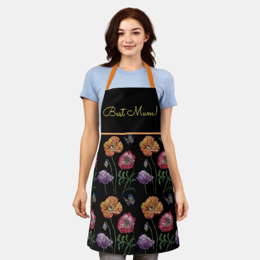 水彩ポピーレッドオレンジブラックフローラエプロン エプロン (着用した状態)