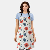 水彩ポピー模様 – 赤、青、白 エプロン (着用した状態)