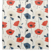 水彩ポピー模様 – 赤、青、白 シャワーカーテン (正面)