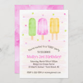 水彩ポプシクルかわいいピンクの女の子3歳の誕生日 招待状 (正面/裏面)