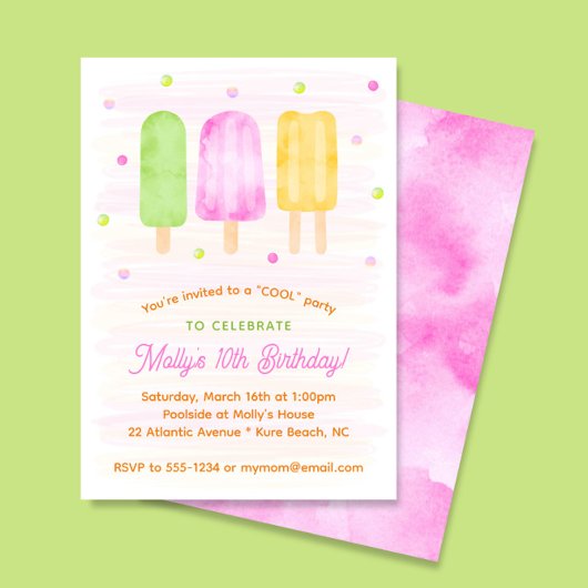 水彩ポプシクルカラフルガール第3誕生日 招待状
