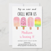 水彩ポプシクルピンクガール誕生日 招待状 (正面)