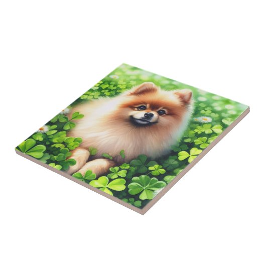 水彩ポメラニア犬グリーンシャームロックフィールド タイル (側面)