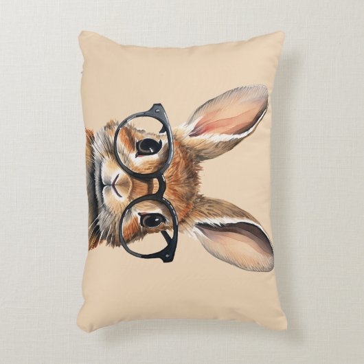 水彩ポートレートかわいい眼鏡つきウサギ アクセントクッション (正面(垂直))