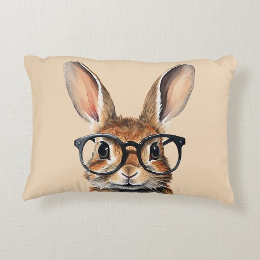 水彩ポートレートかわいい眼鏡つきウサギ アクセントクッション (裏面)