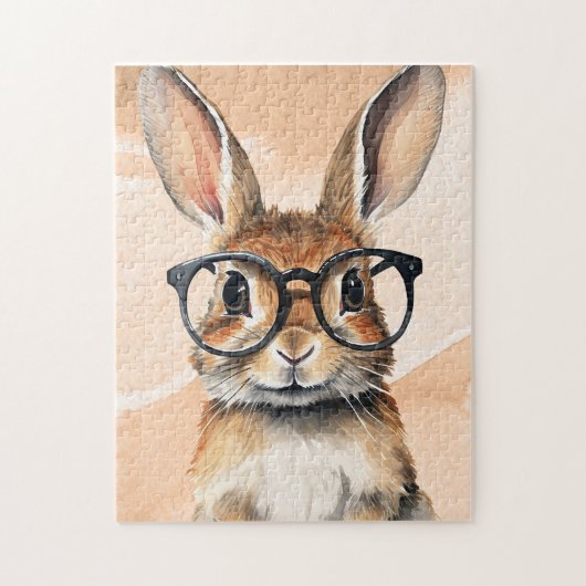 水彩ポートレートかわいい眼鏡つきウサギ ジグソーパズル (縦)