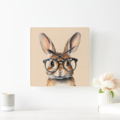 水彩ポートレートかわいい眼鏡つきウサギ スクエア壁時計 (ホーム)