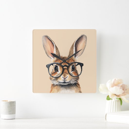 水彩ポートレートかわいい眼鏡つきウサギ スクエア壁時計 (ホーム)