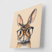 水彩ポートレートかわいい眼鏡つきウサギ スクエア壁時計 (傾斜)