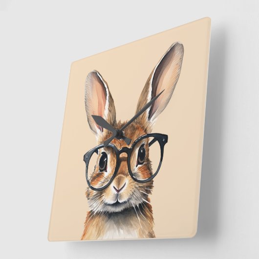 水彩ポートレートかわいい眼鏡つきウサギ スクエア壁時計 (傾斜)