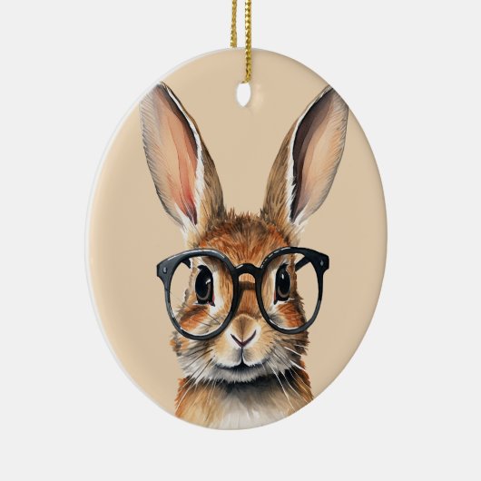 水彩ポートレートかわいい眼鏡つきウサギ セラミックオーナメント (右)