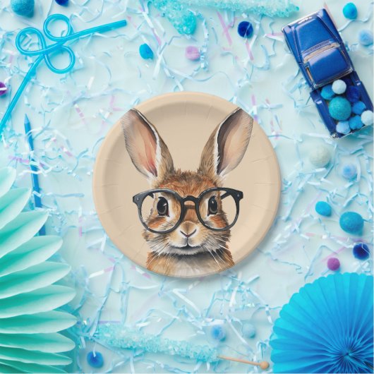 水彩ポートレートかわいい眼鏡つきウサギ ペーパープレート (パーティー)