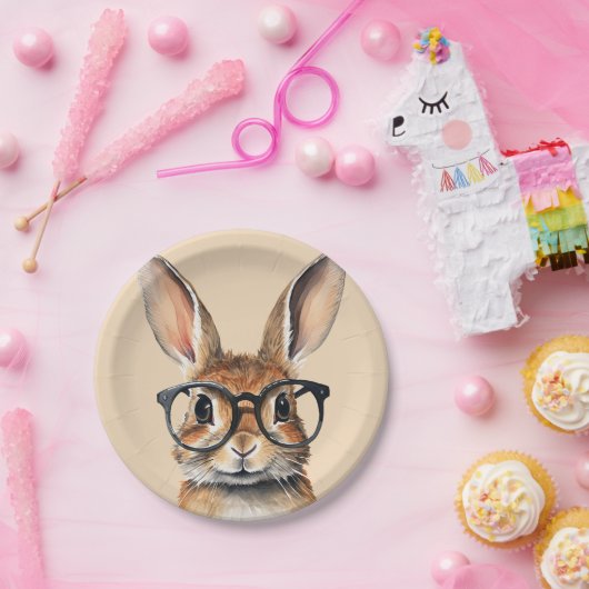水彩ポートレートかわいい眼鏡つきウサギ ペーパープレート (パーティー)