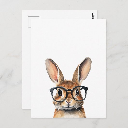水彩ポートレートかわいい眼鏡つきウサギ ポストカード (正面/裏面)