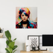 水彩ポートレートミニマルイラストレーションアニメ ポスター (ホームオフィス)