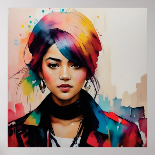 水彩ポートレートミニマルイラストレーションアニメ ポスター (正面)