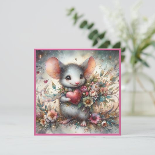 水彩マウス花花花束ハートバレンタイン シーズンカード (スタンド正面)