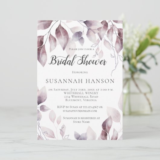 水彩マウブピンク葉ブライダルシャワー 招待状 (スタンド正面)