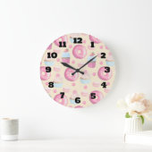 水彩マカロンとカップケーキの模様 ラージ壁時計 (ホーム)