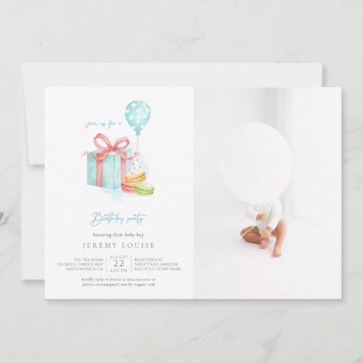水彩マカロン男の赤ちゃん誕生日パーティー写真 招待状 (正面)