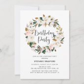 水彩マグノリアコットンリース誕生日パーティー 招待状 (正面)