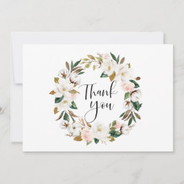 水彩マグノリアスとコットンリース結婚ズ サンキューカード